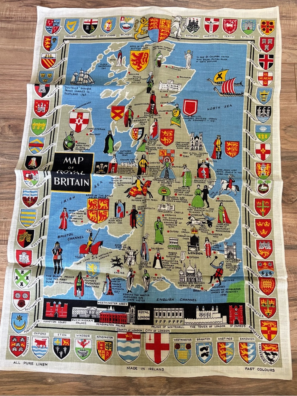 Map of Britain Linen Tea Towel - Blue, Red, Green